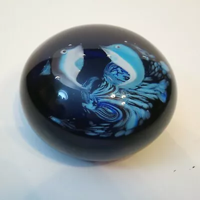Buy Blue Art Glass Round Paperweight With Bubbles & 2 Blue Dolphins Nautical Beach • 19.88£