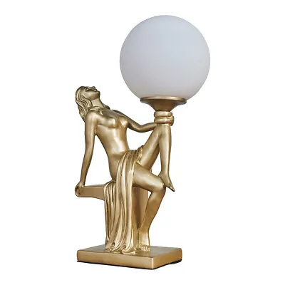 Buy Art Deco Table Lamp 37.5CM Tall Woman Holding Frosted Glass Globe Light LED Bulb • 34.99£