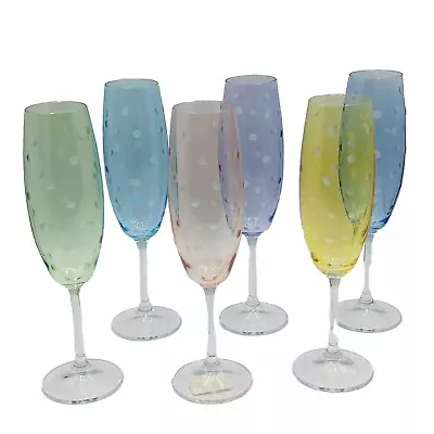 Buy BOHEMIAN CZECH GLASS CRYSTAL ETCHED DOTS 9” CHAMPAGNE FLUTES Set Of 6 MULTICOLOR • 57.54£