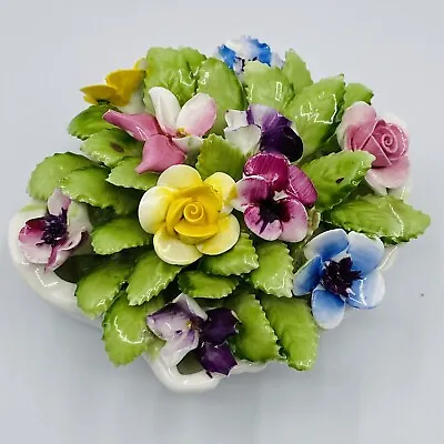 Buy Royal Adderley FLORAL Bone China Flower Basket Figurine 3.75” Green Leaves Vtg • 33.18£