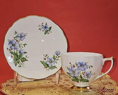 Buy Rare Royal Vale Bone China Cup And Saucer Blue & Red Flowers Gold Trim & Base • 24.06£