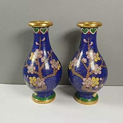 Buy Vintage Chinese Cloisonne Miniature Blue Vase Pair Prunus Metal 10cm Tall • 66.60£