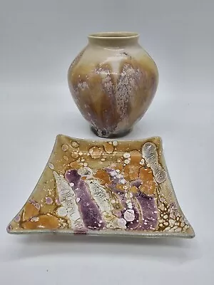 Buy Beautiful Art Glass Tie Dye Ashtray W/Matching Vase Signed Handmade  • 48.02£