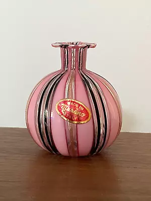Buy Small Vintage Murano Glass Vase With Original Label Pink Black Gold Stripes • 19£
