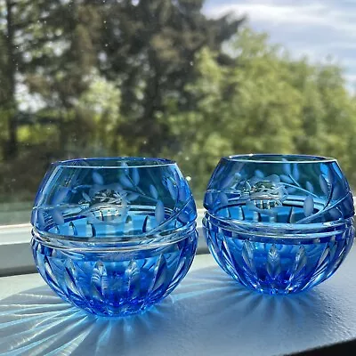 Buy 2 Bohemian Glass Cobalt Blue Crystal Dimple Cut To Clear Candle Votive Rose Bowl • 120.09£