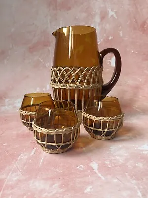 Buy Vintage 1970s Amber Glass Jug 3 Glass Set With Rattan Frame Mid Century Style  • 30£
