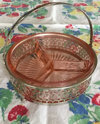 Buy Vintage FARBERWARE Pink Depression Glass Divided Dish + Metal Holder Candy Nuts • 23.05£