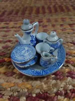 Buy Vintage Willow Pattern Miniature Dolls House China Tea Set Blue & White • 25.50£