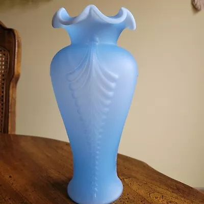 Buy Vintage Fenton Art Glass Blue Satin Feather Plume Vase 11  Art Deco Style • 124.86£