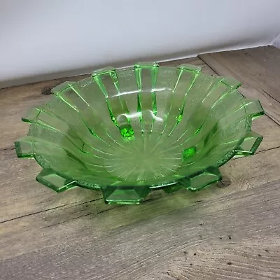 Buy Green Glass Art Deco Bowl With Feet And Lip Around Top Edge • 9.99£