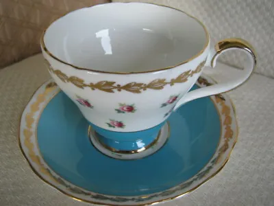 Buy VTG Adderley Tea Cup & Saucer Turquoise Blue Floral Gold Fine Bone China England • 18.09£