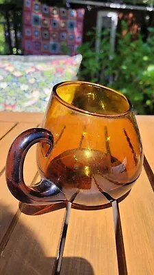 Buy Vintage French Hand Blown Slanted Top Amber Art Glass Handled Mug  • 9.99£