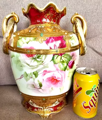 Buy Huge 12  Nippon Vase Double-handle Hand-painted Cabbage Rose Raised Beaded Gold • 579.07£