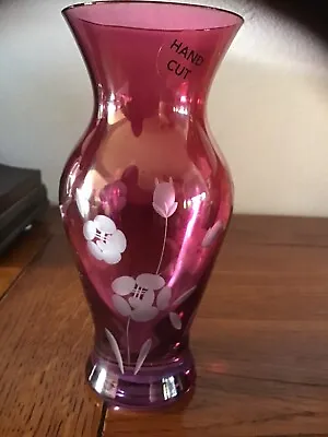 Buy Cranberry Hand Cut Etched Glass Vase Beautiful • 7£