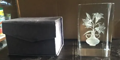 Buy Holographic Laser Etched Glass Paperweight Flowers In Vase With Case • 3.99£