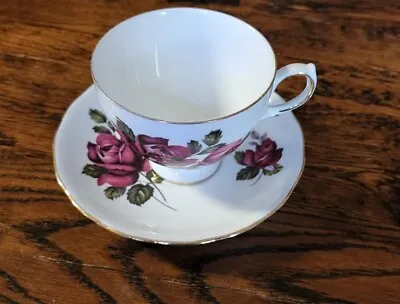 Buy Vintage Queen Anne Cup & Saucer Bone China Made In England Dark Pink Roses 8171 • 9.77£