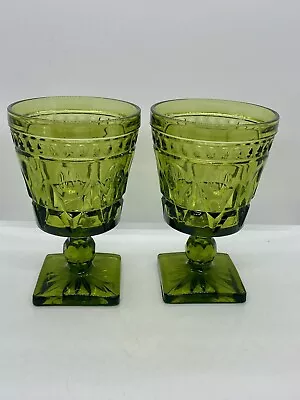 Buy Vintage Green Indiana Glass Colony Park Lane Footed Goblets (Set Of 2) 5.25”Tall • 14.14£