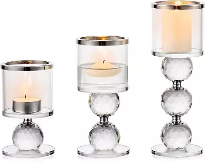 Buy Sziqiqi Crystal Pillar Candle Holder Set Of 3, Clear Glass Candlestick Holders • 39.99£