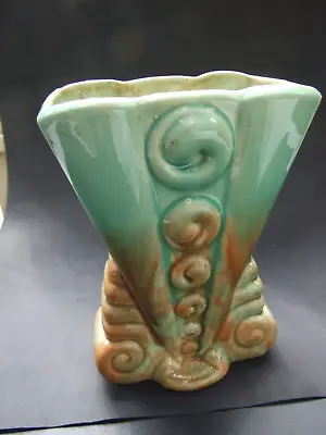 Buy DIANA AUSTRALIAN POTTERY VASE  GREEN BROWN  SHAPED WITH SPIRALS 1950's • 53.42£