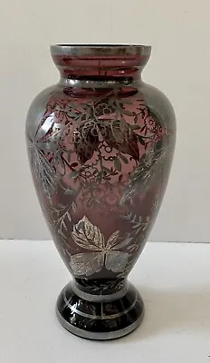 Buy Vintage Purple Amethyst Glass Vase With Silver Overlay Floral 8.5” • 33.21£