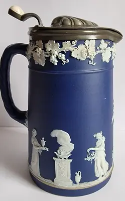 Buy Antique Wedgwood Blue And White Jasperware Milk Jug .Pewter Lid 1891 -1908 • 34.99£