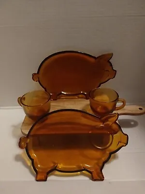 Buy VINTAGE 1970s Tiara Amber Glass Pig Snack Plates And Cups Farm House 2 Sets • 24.02£
