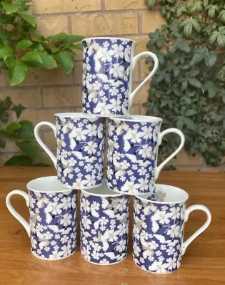 Buy Set Of 6 Blue And White Daisy Print Fine Bone China Mugs Set Tea Cups • 24.99£