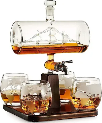 Buy Whiskey Ship Decanter With Four Glasses And Stand- Perfect Gift For Men And Dad • 38.37£