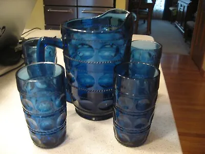 Buy Indiana Glass Imperial Blue Kings Crown 64 Oz Pitcher & 4 Flat Iced Tea Tumblers • 96.07£