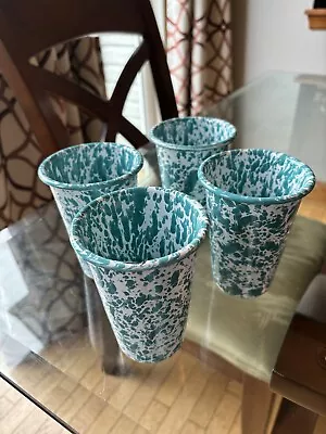 Buy Set Of 4 Crow Canyon Home Enameled Turquoise/White Splatter 10 Ounce Cups, NWT • 37.39£