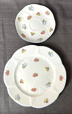 Buy SHELLEY Rose Pansy Forget-Me-Not Salad Plate & Saucer Blue Trim Bone China • 18.92£