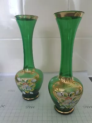 Buy Pair Of Vintage Bohemian Czech Glass Emerald Green Hand Enamelled &gilt Vases • 12£