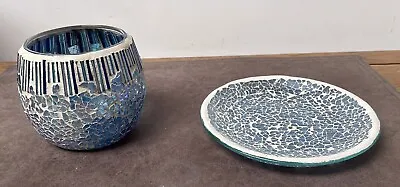 Buy Mosaic Crackle Candle Glass Plate & Holder In Blue. • 7£