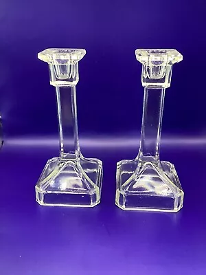 Buy Pair Of Vintage Art Deco Style Clear Glass Candlesticks  • 10£