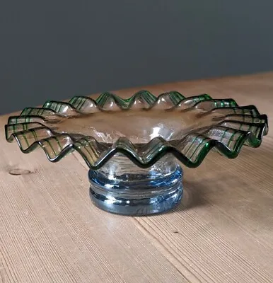 Buy Antique Green Blue Threaded Glass Lustre Ruffle Bowl Candle Holder Pontil Mark • 28£