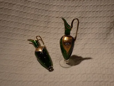 Buy 2 X Vintage Czech Bohemian Glass Mini Jug Ewer Posy Vases – Green & Gold • 9.99£