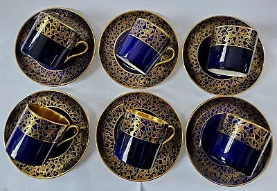 Buy A Set Of Six Crown Devon Art Deco Royal Blue & Gold Coffee Cans & Saucers • 80£