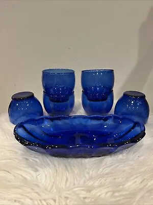 Buy Set Of 7 (6) Cobalt Blue Roly Poly Cordial Glasses 2.75” & (1) Ribbed Dish 8.25” • 30.74£