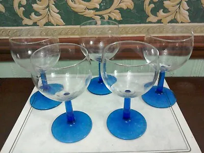 Buy Retro Set 5 X Wine Glasses-clear Bowls-Colbalt Blue Stems + Bases-5 1/8  High-vg • 6.95£