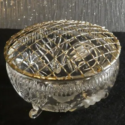 Buy Cut Glass Rose Bowl 3 Legs Beautifully Etched With Metal Lid • 12£