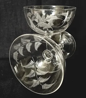 Buy EXQUISITE EDWARDIAN FERN ETCHED CRYSTAL CHAMPAGNE SAUCERS/COUPES X2 C1900 (a) • 75£