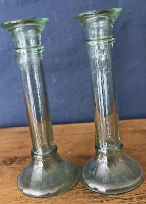Buy 8” Tall Chunky Green Glass Candlesticks  • 22£