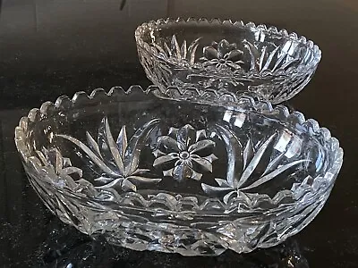 Buy Vintage Pair Cut Glass Bowls, Fleur De Lys And Rose Design 22cm & 19cm Length. • 15.99£