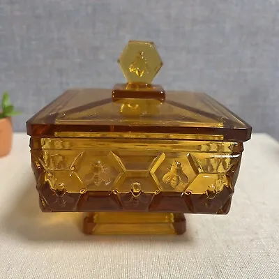Buy Vintage Fenton Amber Honeycomb & Bee Square Candy Dish With Lid 1970’s • 91.27£