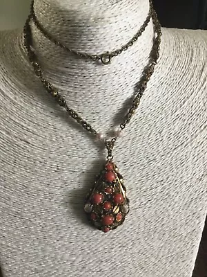Buy Art Deco Czech Bohemian Glass Brass Faux Coral Necklace Beads Neiger Interest • 19.99£