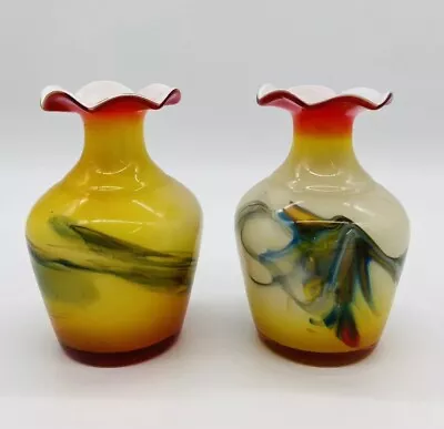 Buy Dalian Glass Vases Pair Vintage 1960s 60s Chinese Yellow Swirl X2 6  Tall Cased • 32.99£