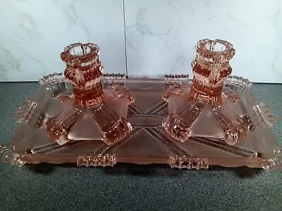 Buy Art Deco Pink Glass Candlestick Holders And Tray • 18.50£