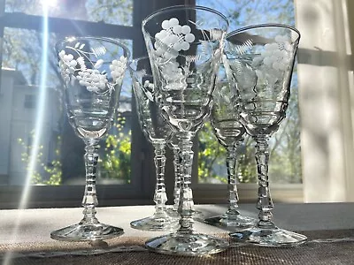 Buy Set Of 6 Vintage Crystal Libbey Rock Sharpe Wine Goblets Glasses, Antique 1940s • 74.09£