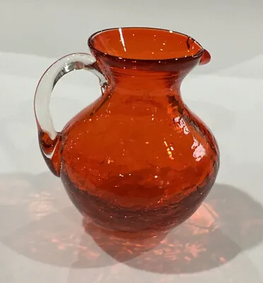 Buy Antique Crackle Glass Pitcher Vase Orange Clear Handle • 11.42£