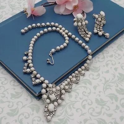 Buy Vtg Weiss Milk Glass Clear Rhinestone Drop Dangle 15  Necklace Earrings Set • 37.89£